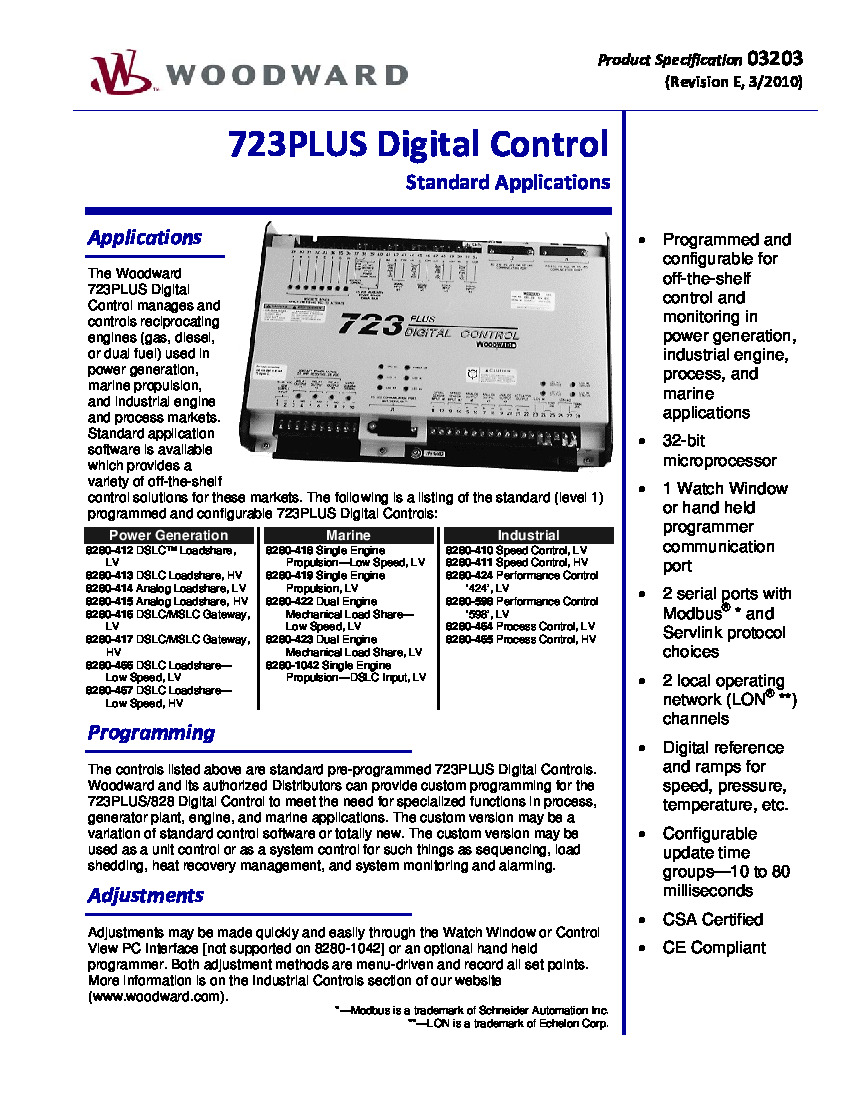 First Page Image of 8280-598 Woodward 723PLUS Digital Control Standard Applications 03203.pdf